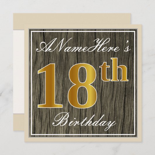 エレガント木フェイク、フェイク金ゴールド18誕生日+名前 招待状 (正面/裏面)