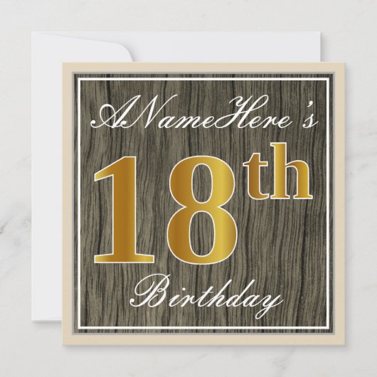 エレガント木フェイク、フェイク金ゴールド18誕生日+名前 招待状 (正面)