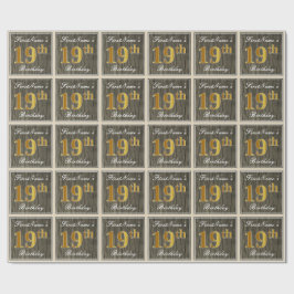 エレガント木フェイク、フェイク金ゴールド19誕生日+名前 ラッピングペーパー