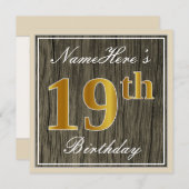 エレガント木フェイク、フェイク金ゴールド19誕生日+名前 招待状 (正面/裏面)