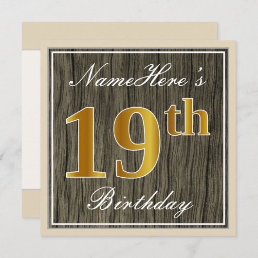 エレガント木フェイク、フェイク金ゴールド19誕生日+名前 招待状 (正面/裏面)