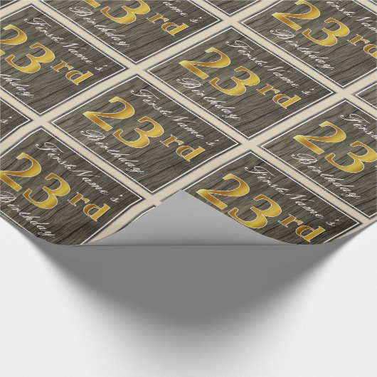 エレガント木フェイク、フェイク金ゴールド23番目の誕生日+名前 ラッピングペーパー (角)