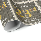 エレガント木フェイク、フェイク金ゴールド23番目の誕生日+名前 ラッピングペーパー (ロールコーナー)