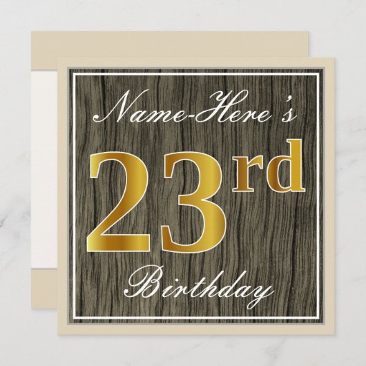 エレガント木フェイク、フェイク金ゴールド23番目の誕生日+名前 招待状 (正面/裏面)