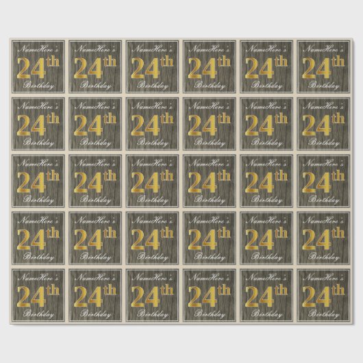 エレガント木フェイク、フェイク金ゴールド24番目の誕生日+名前 ラッピングペーパー (フラット)