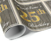 エレガント木フェイク、フェイク金ゴールド25誕生日+名前 ラッピングペーパー (ロールコーナー)