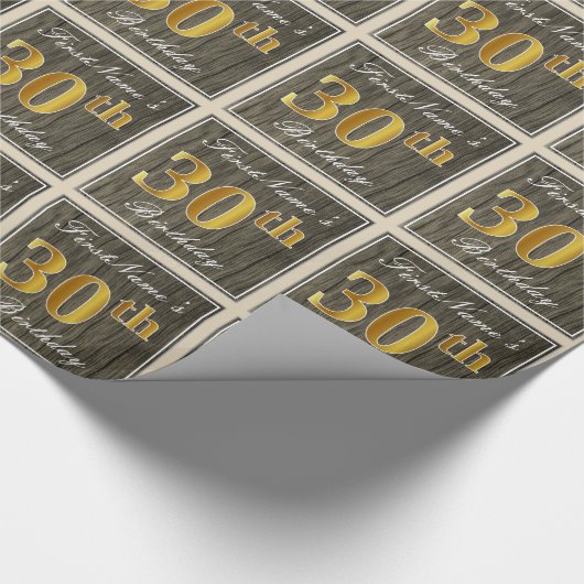 エレガント木フェイク、フェイク金ゴールド30th誕生日+名前 ラッピングペーパー (角)