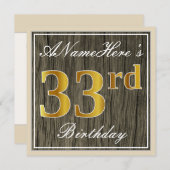 エレガント木フェイク、フェイク金ゴールド33番目の誕生日+名前 招待状 (正面/裏面)