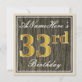 エレガント木フェイク、フェイク金ゴールド33番目の誕生日+名前 招待状 (正面)