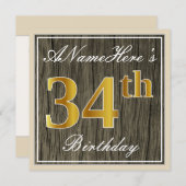 エレガント木フェイク、フェイク金ゴールド34番目の誕生日+名前 招待状 (正面/裏面)