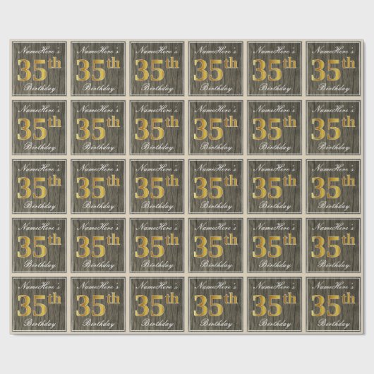 エレガント木フェイク、フェイク金ゴールド35誕生日+名前 ラッピングペーパー (フラット)