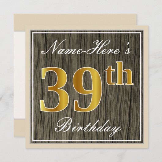 エレガント木フェイク、フェイク金ゴールド39誕生日+名前 招待状 (正面/裏面)