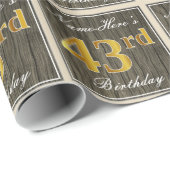 エレガント木フェイク、フェイク金ゴールド43番目の誕生日+名前 ラッピングペーパー (ロールコーナー)