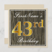 エレガント木フェイク、フェイク金ゴールド43番目の誕生日+名前 招待状 (正面/裏面)