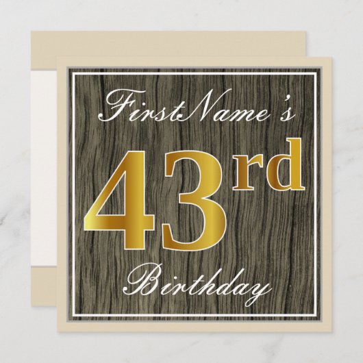 エレガント木フェイク、フェイク金ゴールド43番目の誕生日+名前 招待状 (正面/裏面)