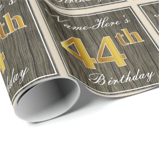 エレガント木フェイク、フェイク金ゴールド44番目の誕生日+名前 ラッピングペーパー (ロールコーナー)