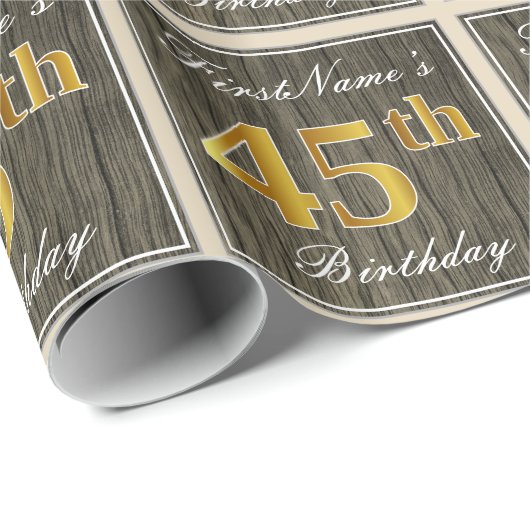 エレガント木フェイク、フェイク金ゴールド45誕生日+名前 ラッピングペーパー (ロールコーナー)