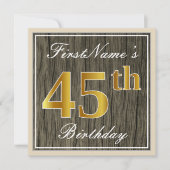 エレガント木フェイク、フェイク金ゴールド45誕生日+名前 招待状 (正面)