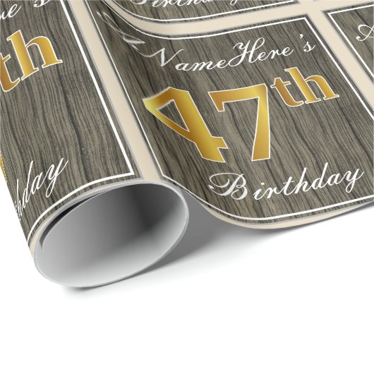 エレガント木フェイク、フェイク金ゴールド47番目の誕生日+名前 ラッピングペーパー (ロールコーナー)