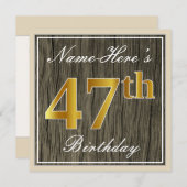 エレガント木フェイク、フェイク金ゴールド47番目の誕生日+名前 招待状 (正面/裏面)