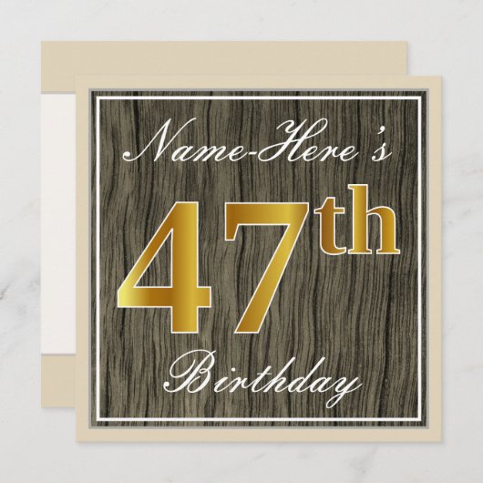 エレガント木フェイク、フェイク金ゴールド47番目の誕生日+名前 招待状 (正面/裏面)