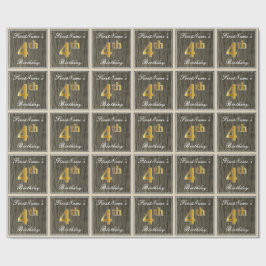 エレガント木フェイク、フェイク金ゴールド4th誕生日+名前 ラッピングペーパー