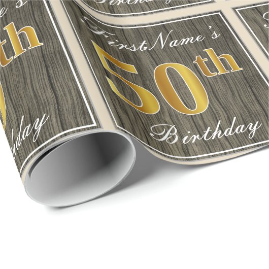 エレガント木フェイク、フェイク金ゴールド50番目の誕生日+名前 ラッピングペーパー (ロールコーナー)
