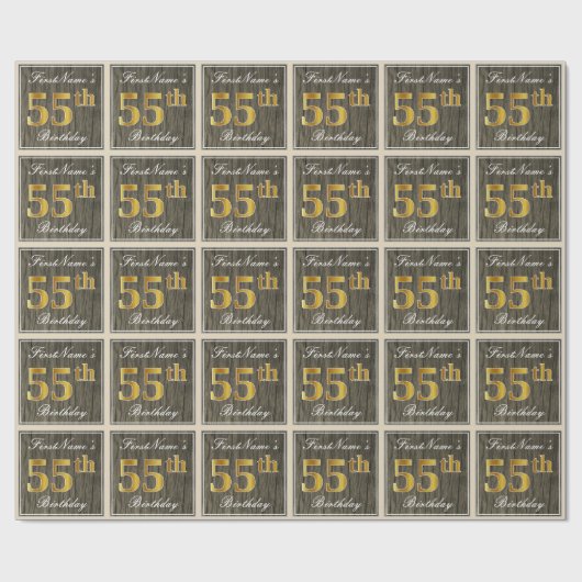 エレガント木フェイク、フェイク金ゴールド55誕生日+名前 ラッピングペーパー (フラット)