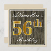 エレガント木フェイク、フェイク金ゴールド56番目の誕生日+名前 招待状 (正面/裏面)