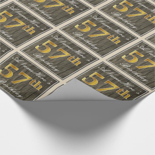 エレガント木フェイク、フェイク金ゴールド57番目の誕生日+名前 ラッピングペーパー (角)