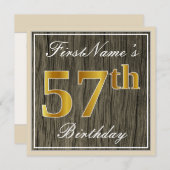 エレガント木フェイク、フェイク金ゴールド57番目の誕生日+名前 招待状 (正面/裏面)