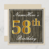 エレガント木フェイク、フェイク金ゴールド58誕生日+名前 招待状 (正面/裏面)