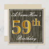 エレガント木フェイク、フェイク金ゴールド59誕生日+名前 招待状 (正面/裏面)