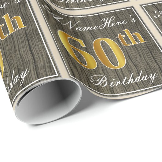 エレガント木フェイク、フェイク金ゴールド60番目の誕生日+名前 ラッピングペーパー (ロールコーナー)