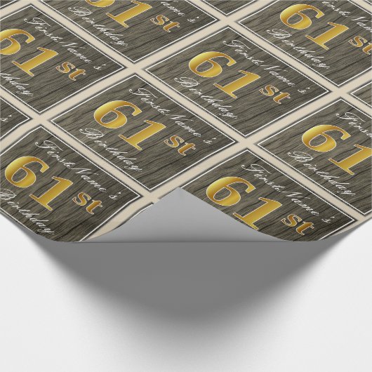 エレガント木フェイク、フェイク金ゴールド61番目の誕生日+名前 ラッピングペーパー (角)