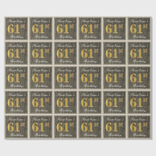 エレガント木フェイク、フェイク金ゴールド61番目の誕生日+名前 ラッピングペーパー (フラット)