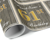 エレガント木フェイク、フェイク金ゴールド61番目の誕生日+名前 ラッピングペーパー (ロールコーナー)