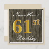 エレガント木フェイク、フェイク金ゴールド61番目の誕生日+名前 招待状 (正面/裏面)