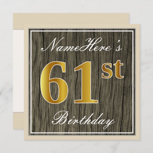 エレガント木フェイク、フェイク金ゴールド61番目の誕生日+名前 招待状 (正面/裏面)