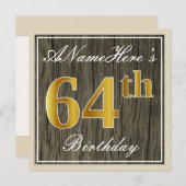エレガント木フェイク、フェイク金ゴールド64番目の誕生日+名前 招待状 (正面/裏面)