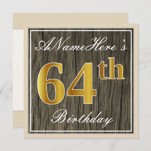 エレガント木フェイク、フェイク金ゴールド64番目の誕生日+名前 招待状 (正面/裏面)