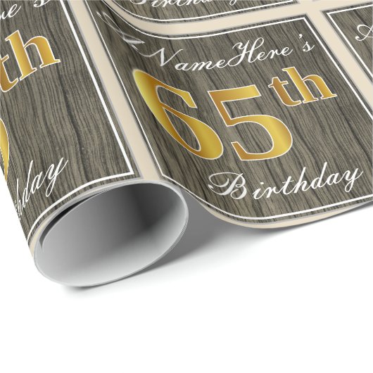 エレガント木フェイク、フェイク金ゴールド65誕生日+名前 ラッピングペーパー (ロールコーナー)