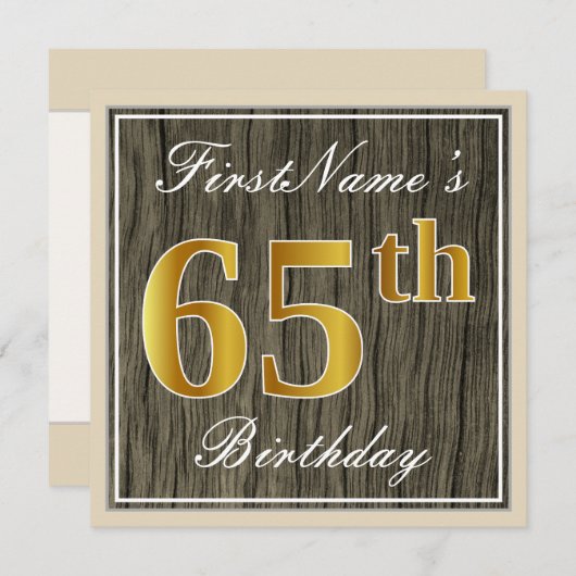 エレガント木フェイク、フェイク金ゴールド65誕生日+名前 招待状 (正面/裏面)