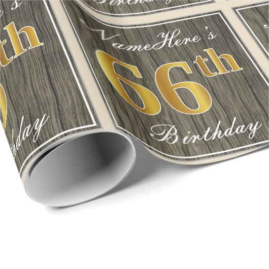 エレガント木フェイク、フェイク金ゴールド66番目の誕生日+名前 ラッピングペーパー (ロールコーナー)