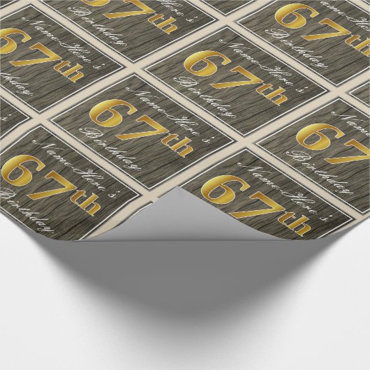 エレガント木フェイク、フェイク金ゴールド67番目の誕生日+名前 ラッピングペーパー (角)