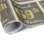 エレガント木フェイク、フェイク金ゴールド69誕生日+名前 ラッピングペーパー (ロールコーナー)