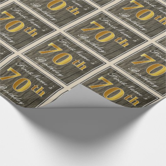 エレガント木フェイク、フェイク金ゴールド70誕生日+名前 ラッピングペーパー (角)