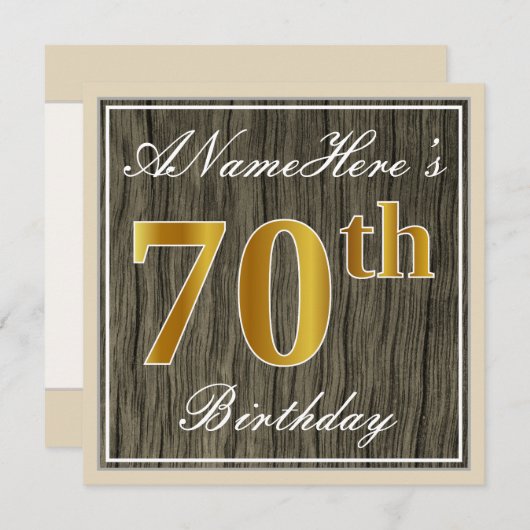 エレガント木フェイク、フェイク金ゴールド70誕生日+名前 招待状 (正面/裏面)