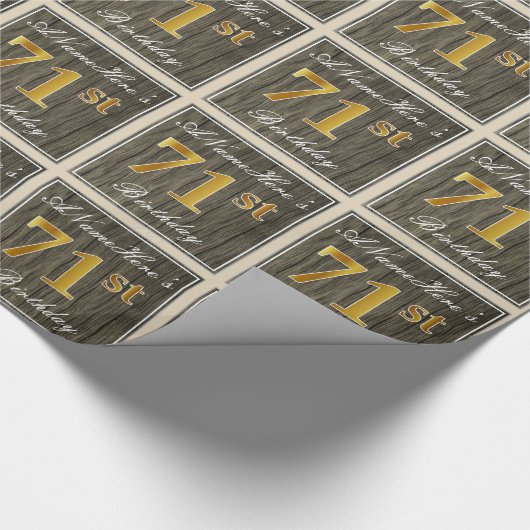 エレガント木フェイク、フェイク金ゴールド71番目の誕生日+名前 ラッピングペーパー (角)