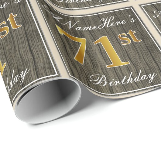 エレガント木フェイク、フェイク金ゴールド71番目の誕生日+名前 ラッピングペーパー (ロールコーナー)